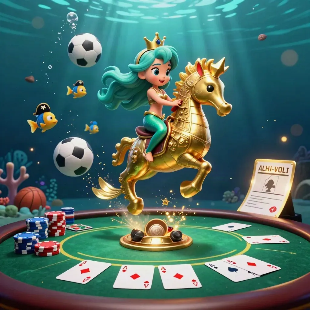 Mermaid princess on armored seahorse amid poker chips, soccer ball, and glowing underwater casino lights.