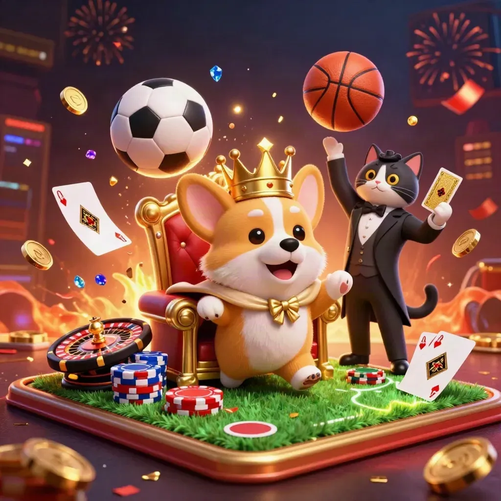 Crowned corgi and cat butler amid flying coins, chips, roulette wheel, soccer ball, and basketball
