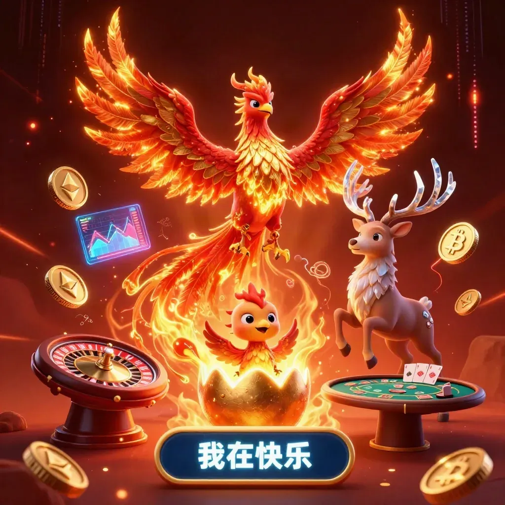 Fire phoenix, baby phoenix, crystal stag, and neon casino crypto elements on a dark ember glow.