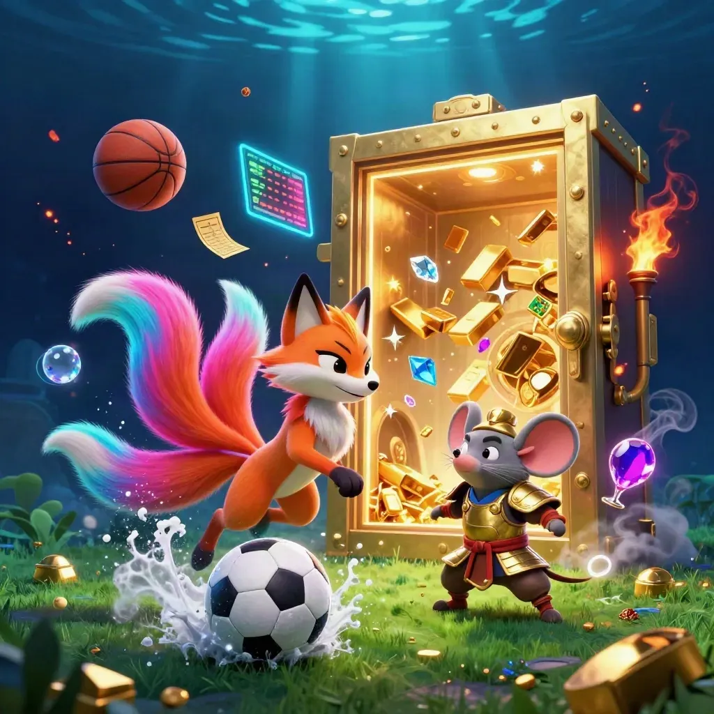 Neon fox spirit, gold-armored mouse, and casino treasure exploding around sports gear.