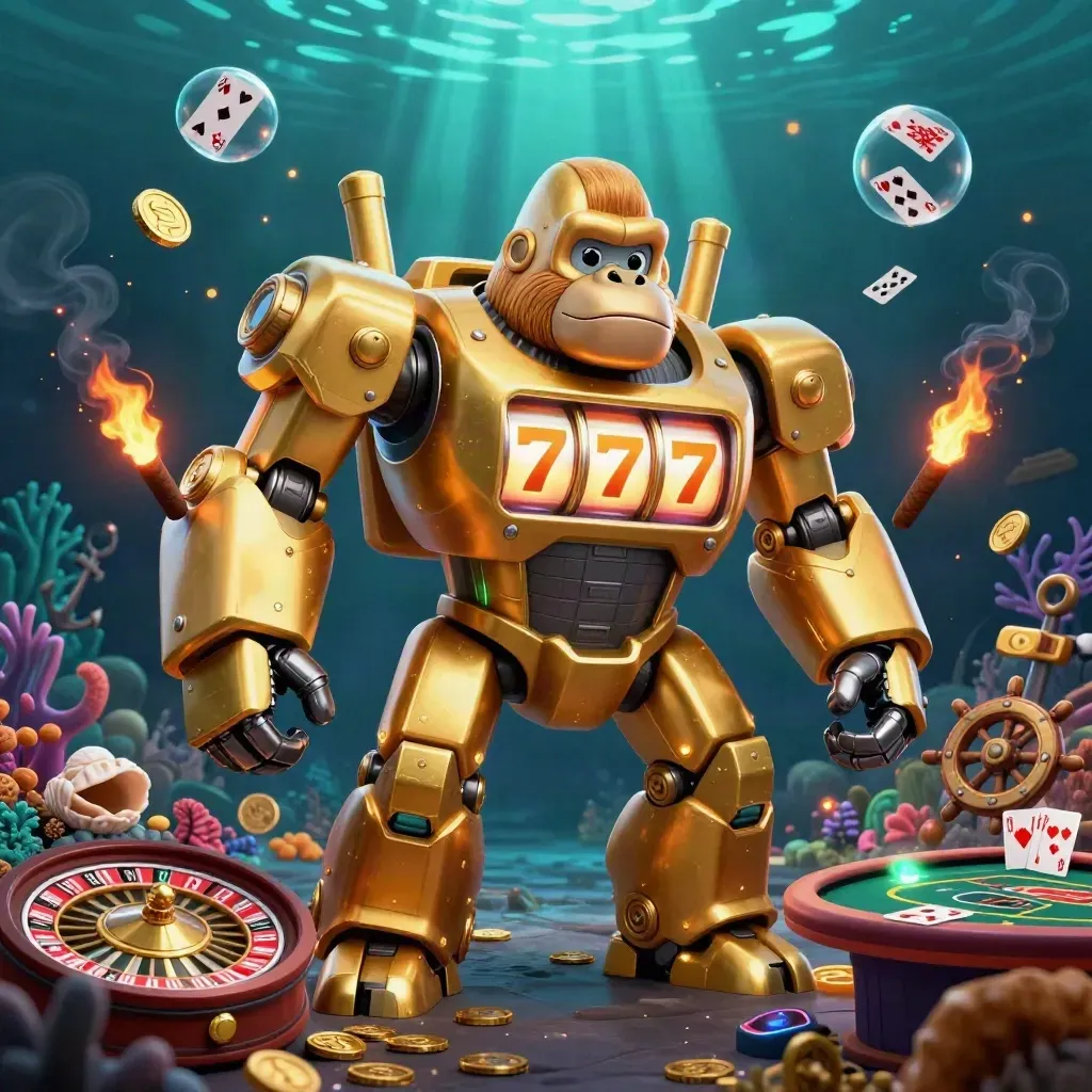 Golden gorilla mech and tiny pilot amid underwater treasure, neon-lit and cinematic