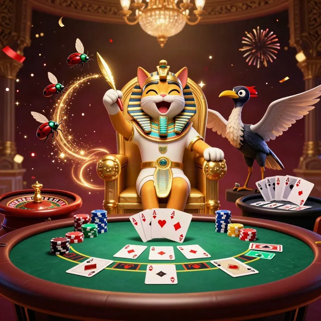 Pharaoh cat, ibis scribe, and gem-wing scarabs amid casino cards, chips, and glowing luxury effects.