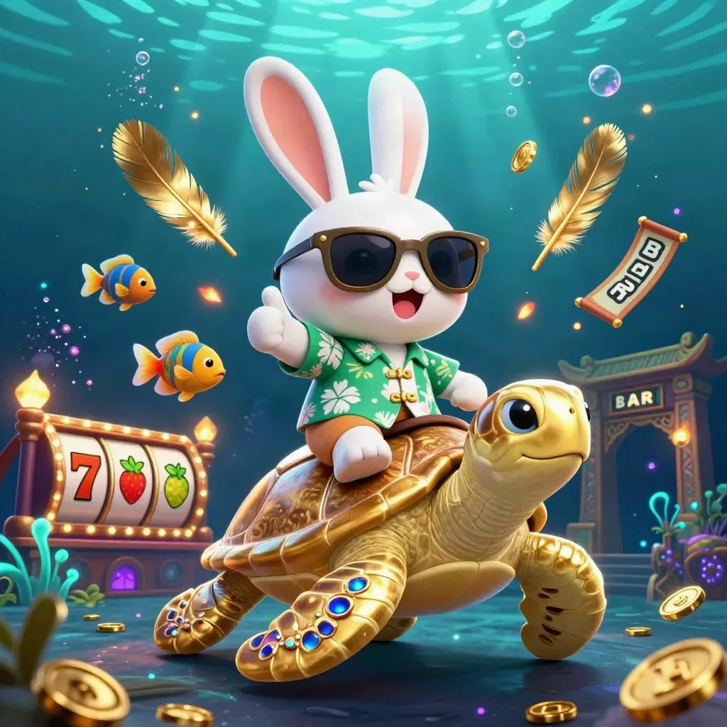 Lucky rabbit rides a gem-shell sea turtle through a neon underwater casino fantasy.