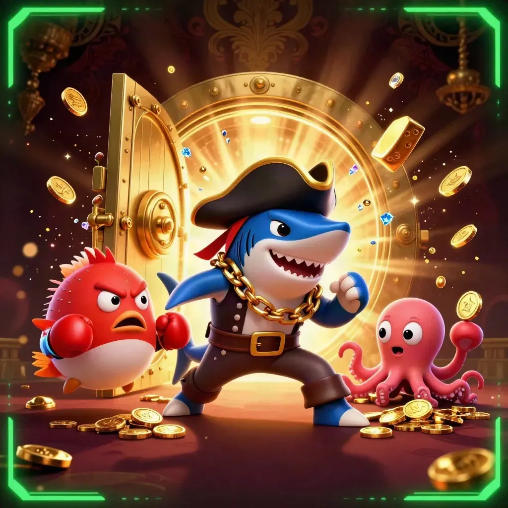 Pirate shark, boxing pufferfish, and juggling octopus amid bursting treasure and emerald glow