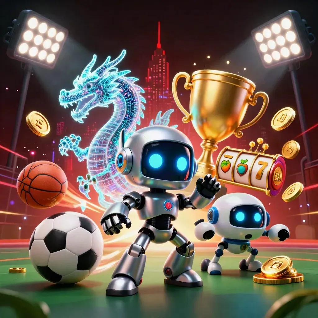 Cyberpunk robot, holographic dragon, coin drone, sports balls, trophy, coins, red neon skyline.