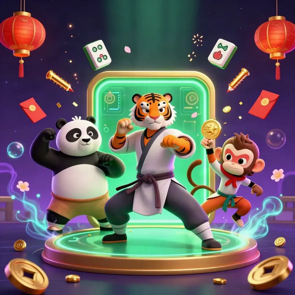 Tiger, panda, and monkey kung-fu heroes amid neon casino bursts, coins, lanterns, and jade tiles