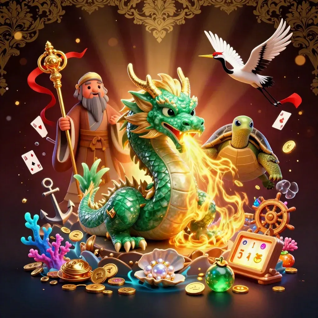 Emerald dragon, turtle sage, and cranes amid treasure, coral, coins, and casino glow.