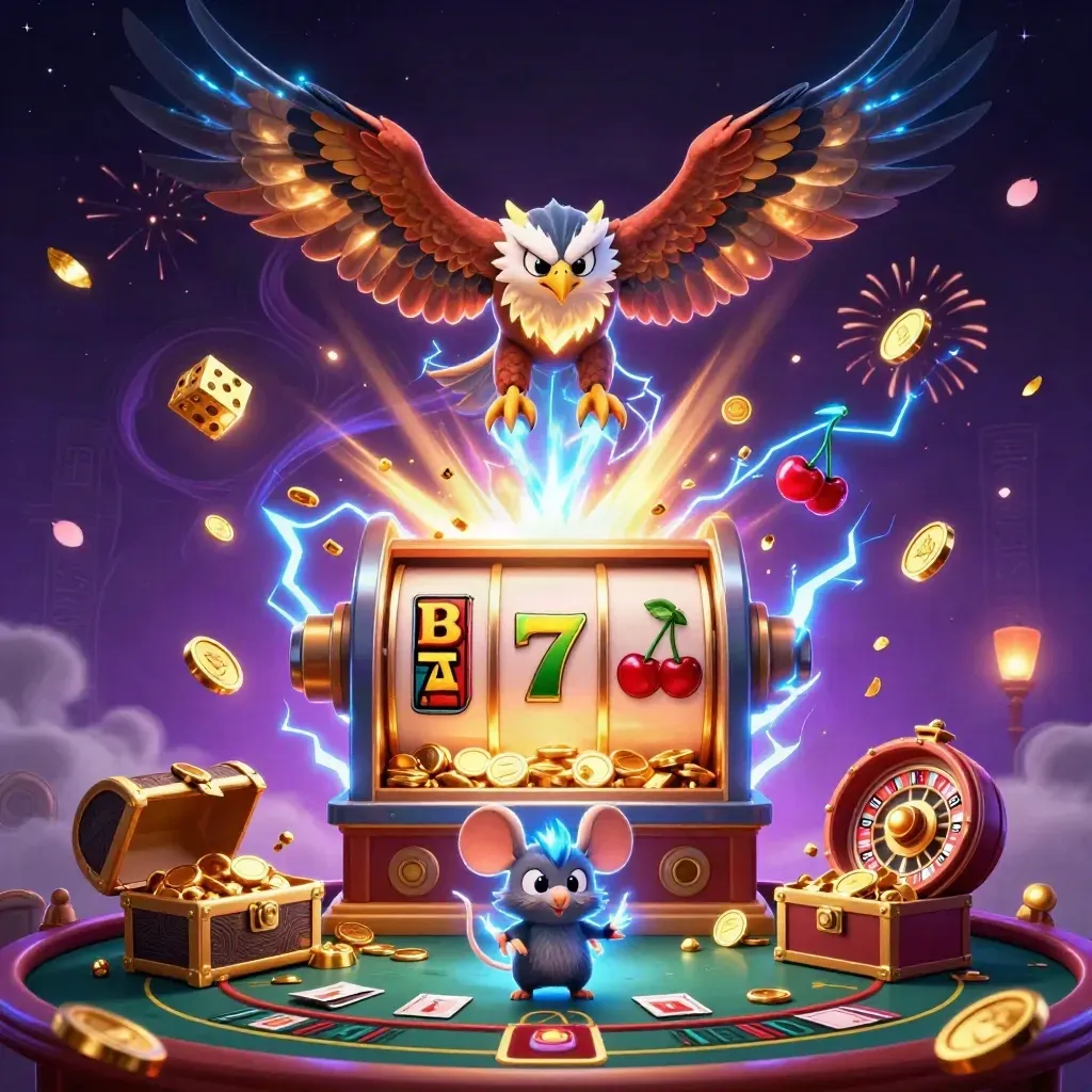 Thunder dragon, wind hawk, and crackling mouse amid exploding slot symbols and gold in neon casino art