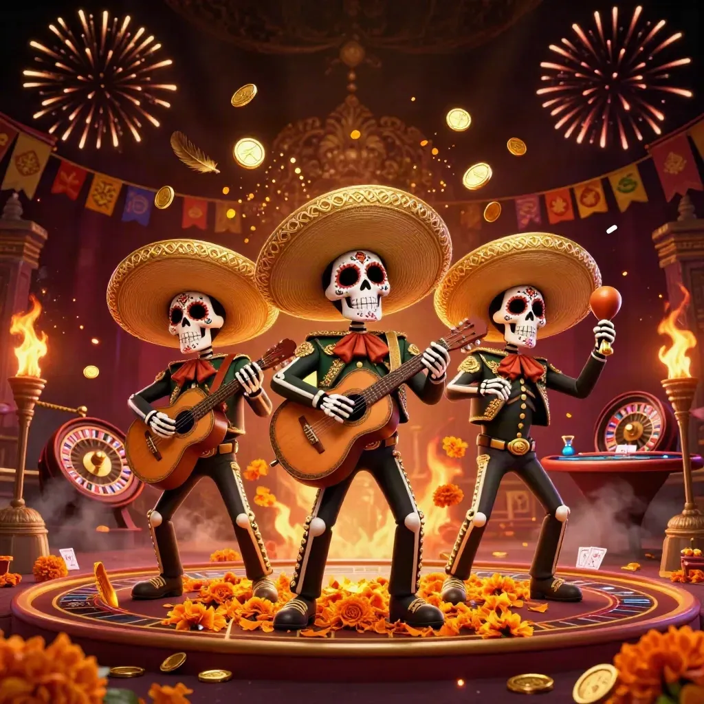 Skeleton mariachi trio amid coins, roulette, temple gate, and fireworks in luxe casino art.