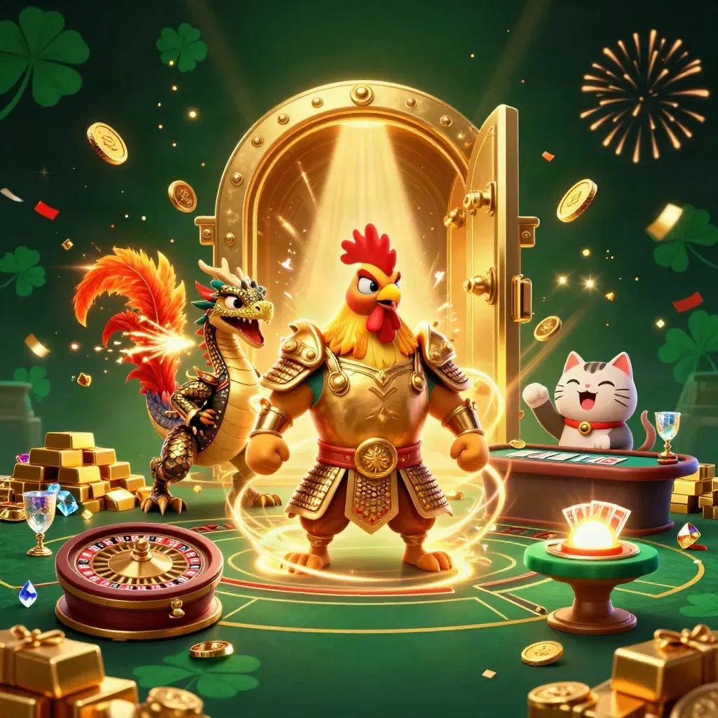 Rooster warrior, dragon hatchling, and fortune-cat amid a bursting vault and casino lights.