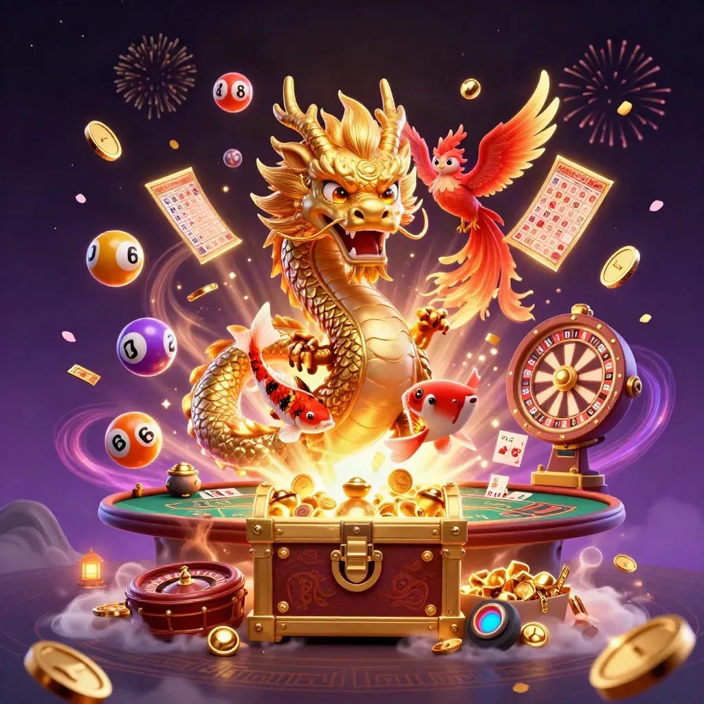 Golden dragon with phoenix and koi amid casino props, coins, fireworks, and neon magic.