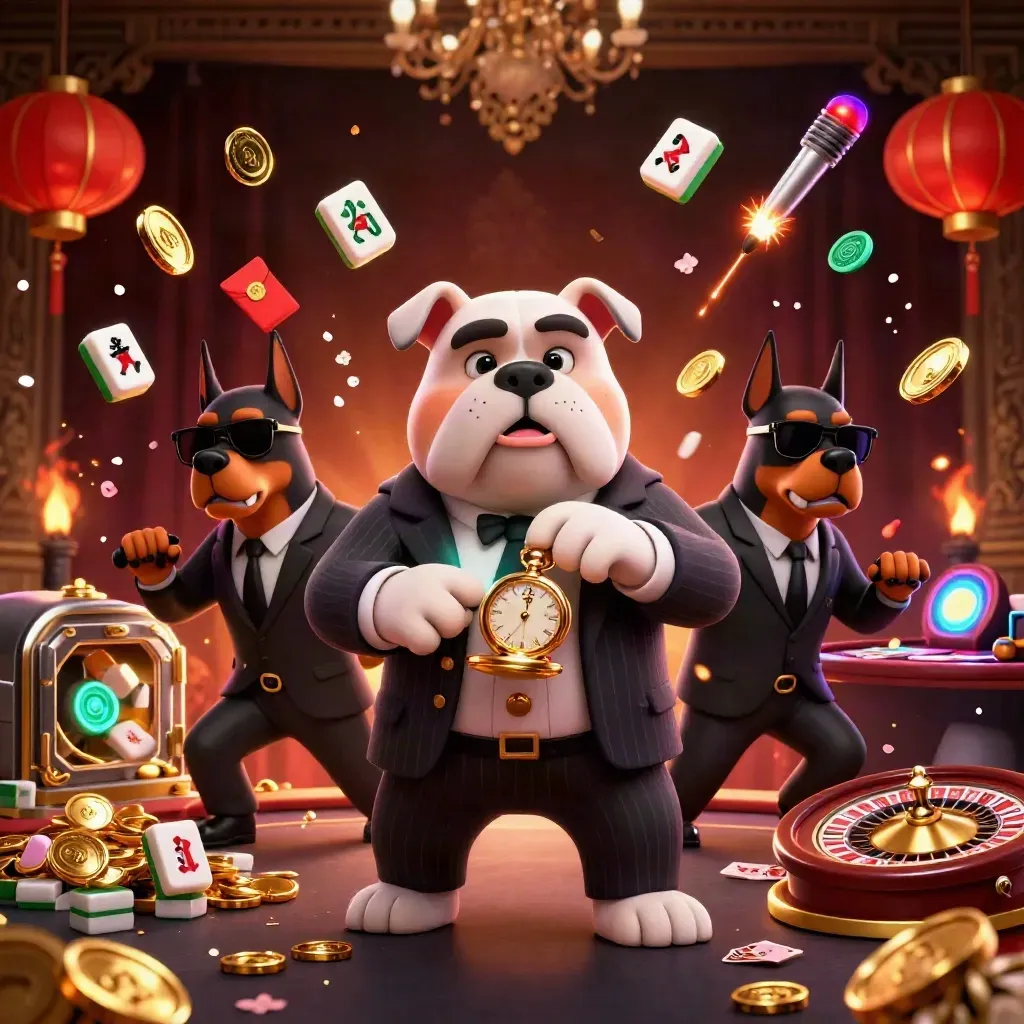 Bulldog mob boss and two Dobermans amid casino loot, lanterns, coins, fireworks.