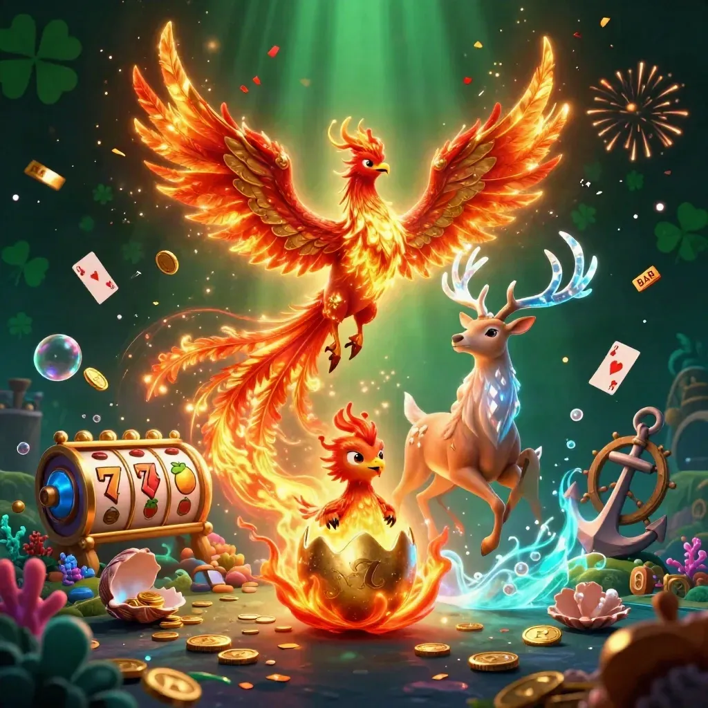Phoenix, stag, and baby phoenix in a neon casino treasure cove with gold sparks