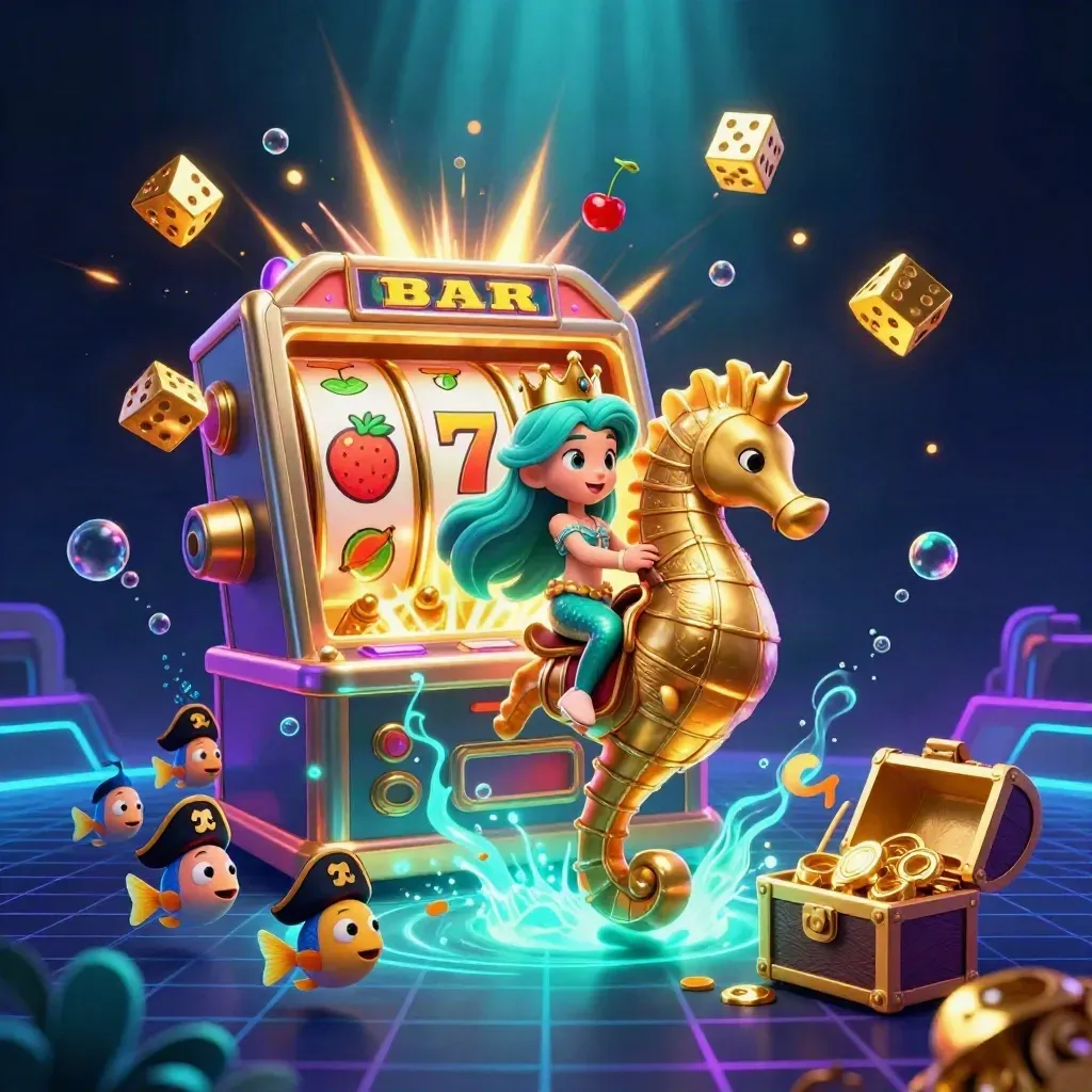 Mermaid princess on a gold-armored seahorse amid slot reels, dice, gold, and neon underwater glow.