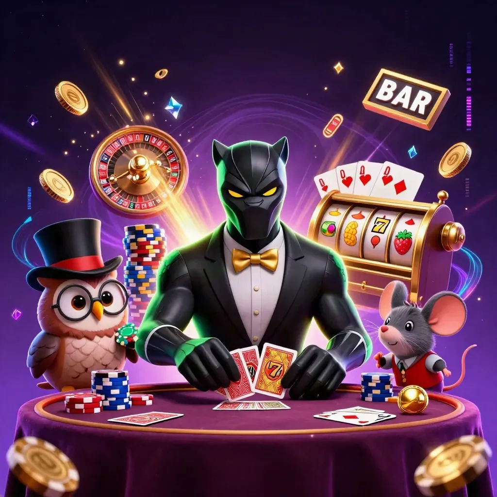 Black panther, owl, and mouse amid casino chips, coins, roulette wheel, and neon magic.