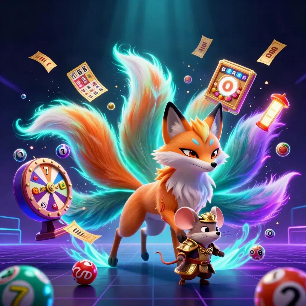 Neon fox spirit and samurai mouse amid casino icons, glowing in a dark luxe scene